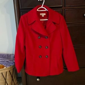 Red Pea Coat, Size 10, Like New, Black Buttons, Red Interior
